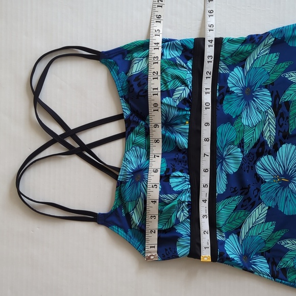 Tropical Escape Floral Strappy Padded Tankini Swim Top 10 Blue Green - Picture 12 of 14